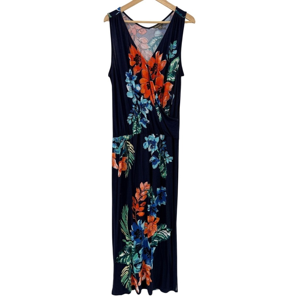 Tommy Bahama Womens XL Navy Blue Tropical Floral Surplice V-Neck Maxi Dress
